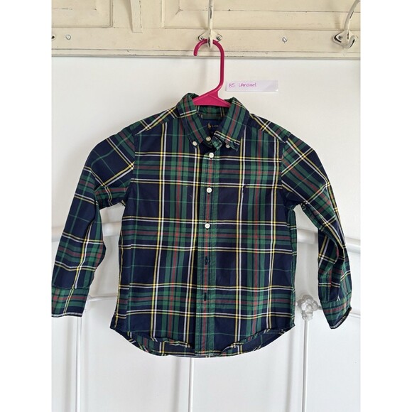 Ralph Lauren Boys 4/4t Christmas Plaid Shirt Green Navy Blue Red Button Down EUC - Picture 1 of 3